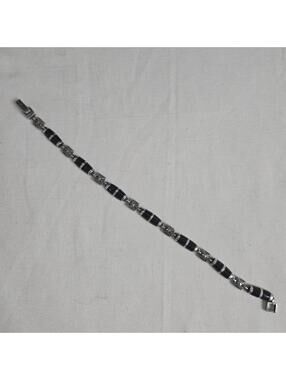 Vintage Sterling Silver Onyx Bracelet Marcasite Link Black Stone Art Deco Style